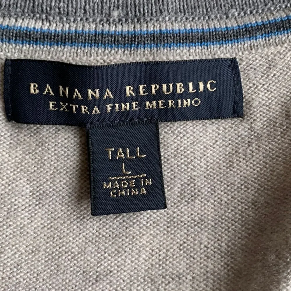 Sweater Merino Wool Banana Republic Men's Large Tall Gray Striped v-neck‎
